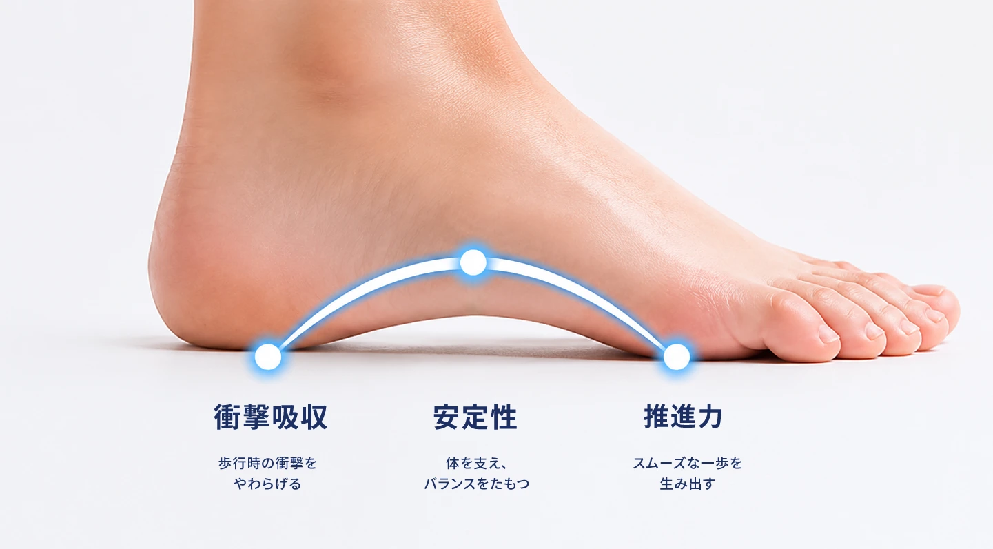 アーチサポート → 体重の分散 → 疲れにくい足へ